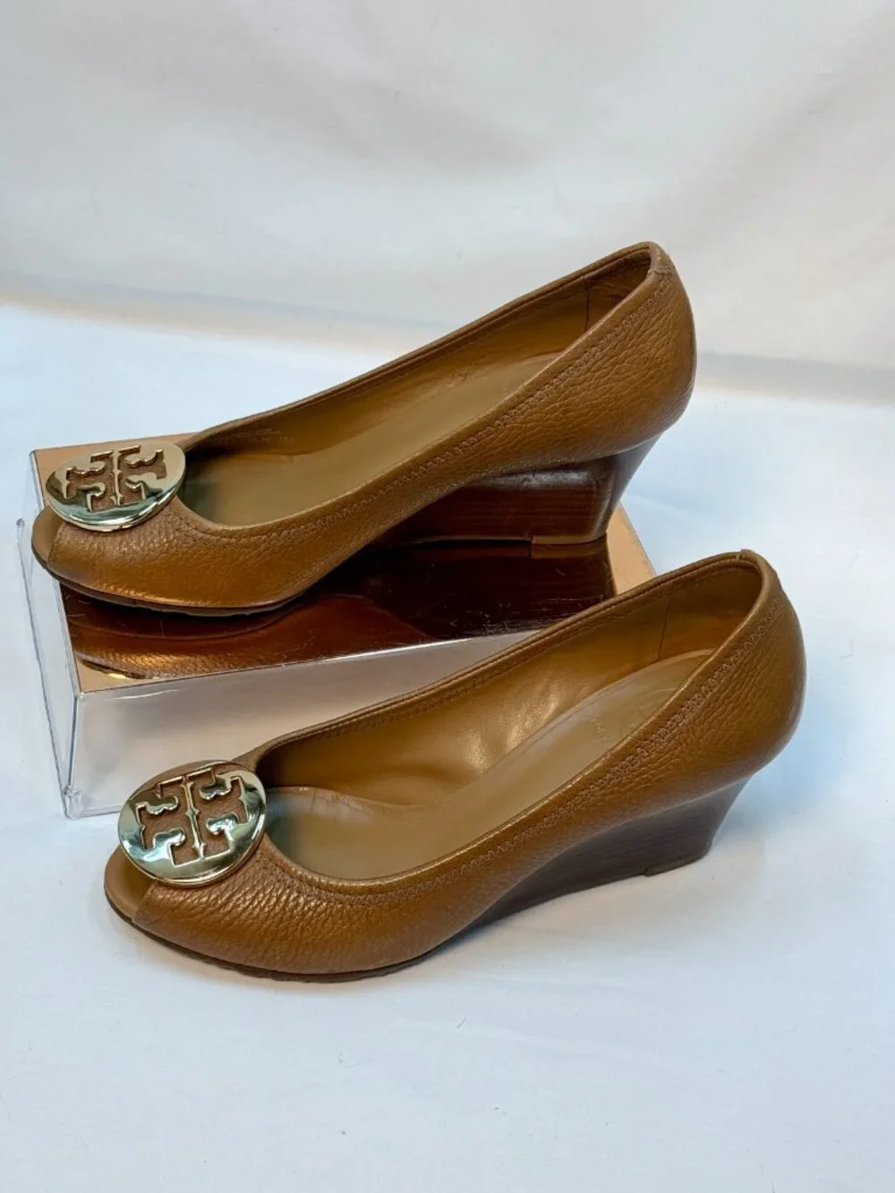 Tory Burch Sally 2 Peep Toe Wedge Pumps Black Leather Size 7